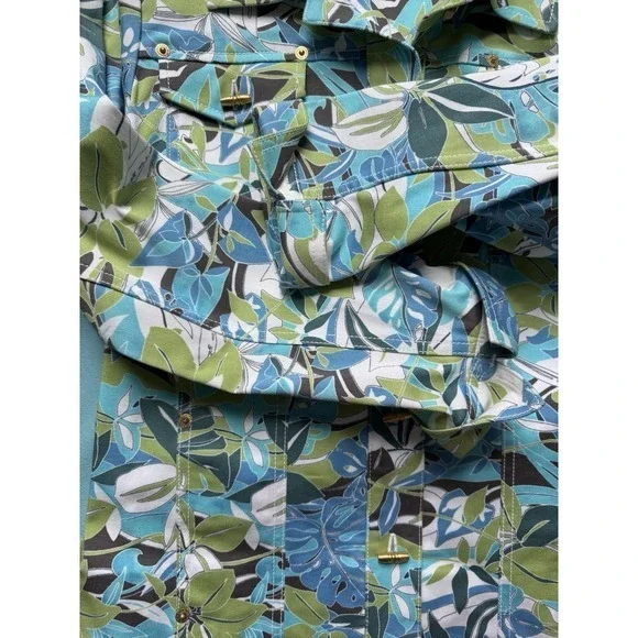 St John Sport Pant Suit Leaf Print Denim Jacket Set Size 16 Vintage - Picture 5 of 10